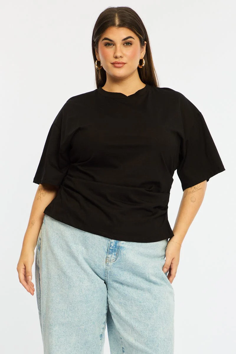 Black Bat Wing Top Short Sleeve Side Ruched