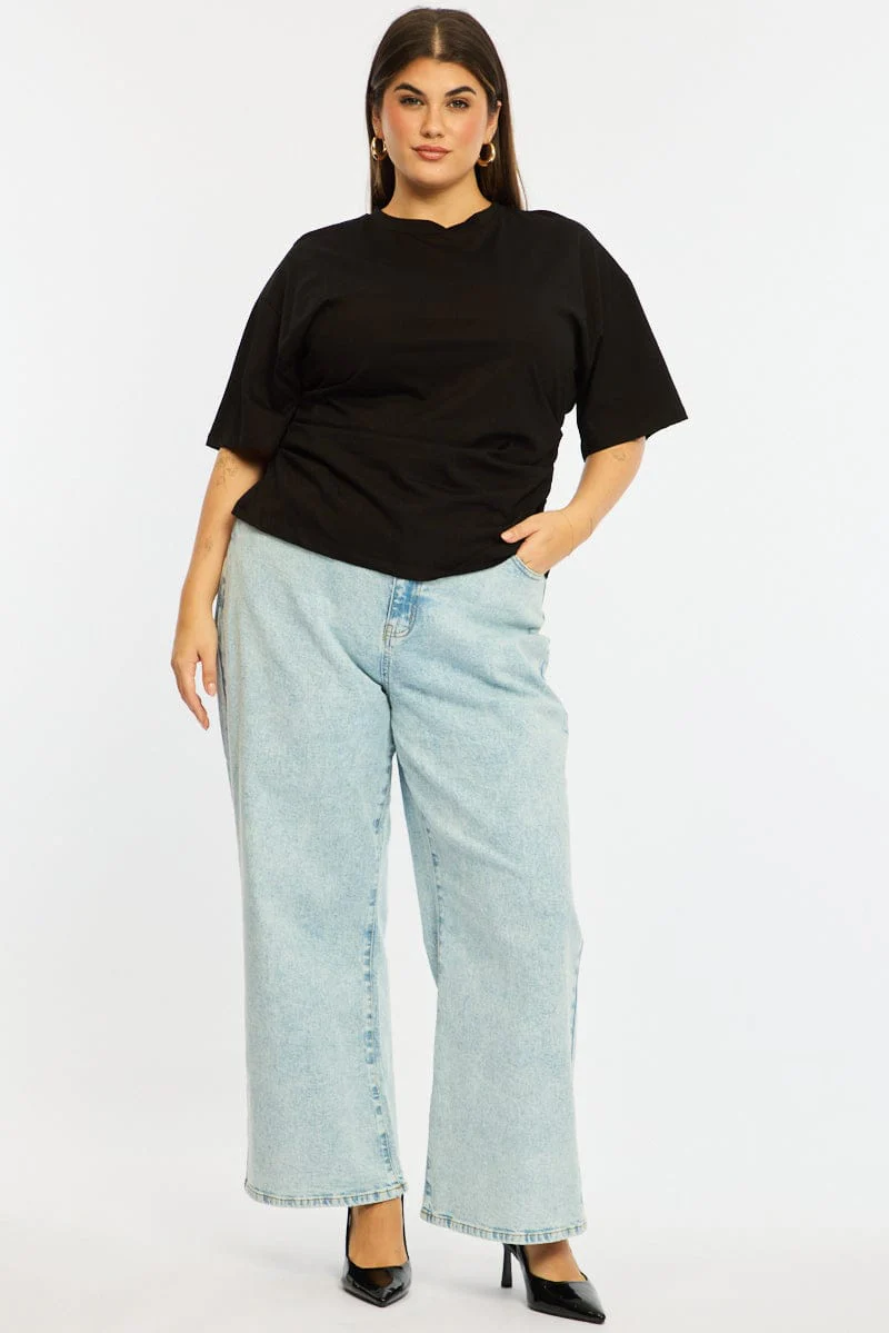 Black Bat Wing Top Short Sleeve Side Ruched - Image 2