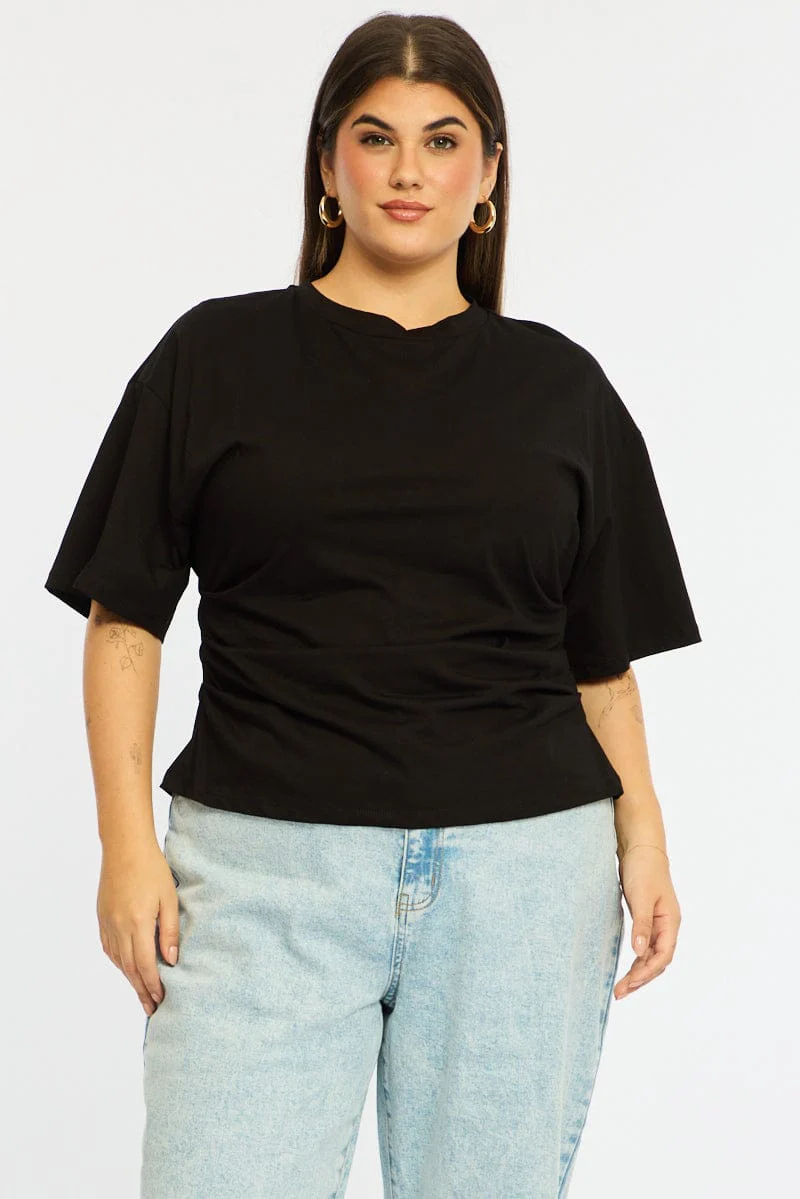 Black Bat Wing Top Short Sleeve Side Ruched - Image 3