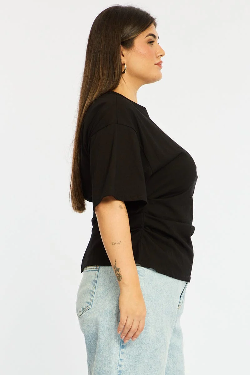 Black Bat Wing Top Short Sleeve Side Ruched - Image 4