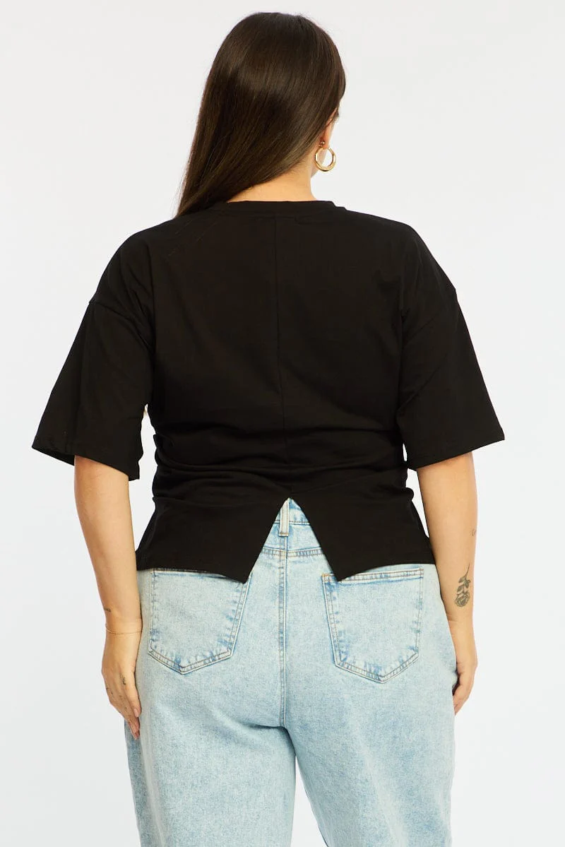 Black Bat Wing Top Short Sleeve Side Ruched - Image 5