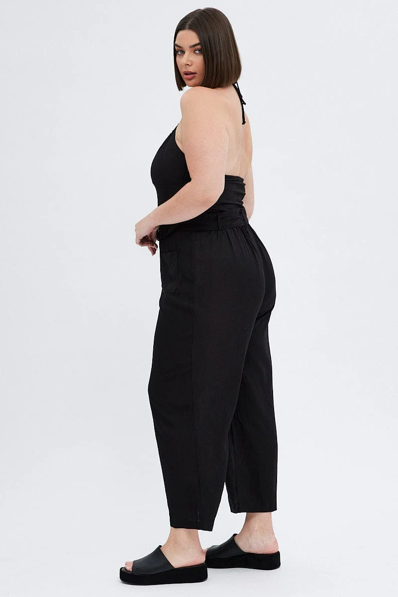 Black Belted Pant Wide Leg Linen Blend With Beltloops - Image 3