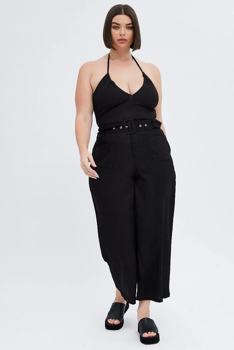 Black Belted Pant Wide Leg Linen Blend With Beltloops - Image 6