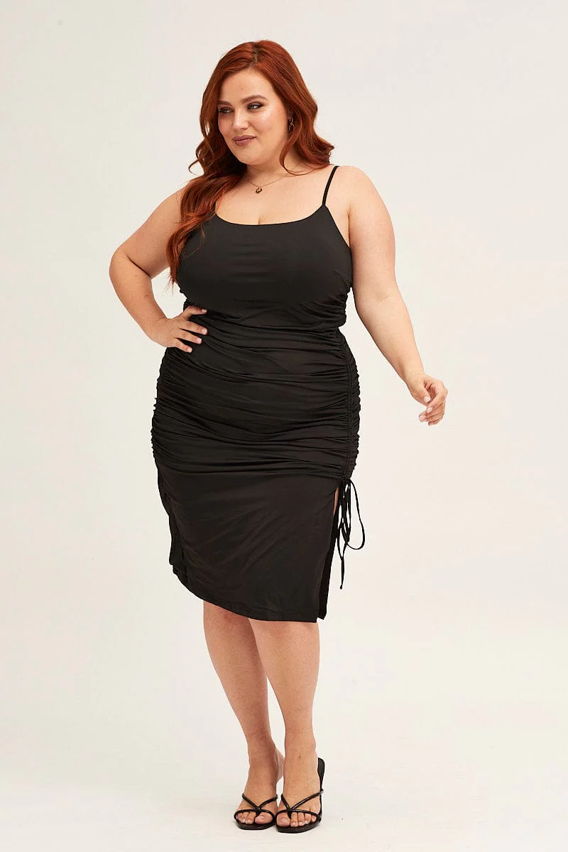 Black Jersey Sleeveless Ruched Bodycon Midi Dress - Image 3