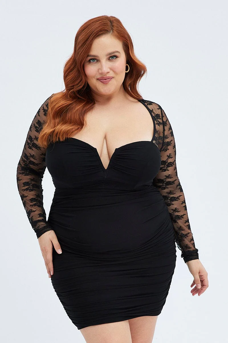 Black Bodycon Dress Long Sleeve Lace Mesh - Image 3