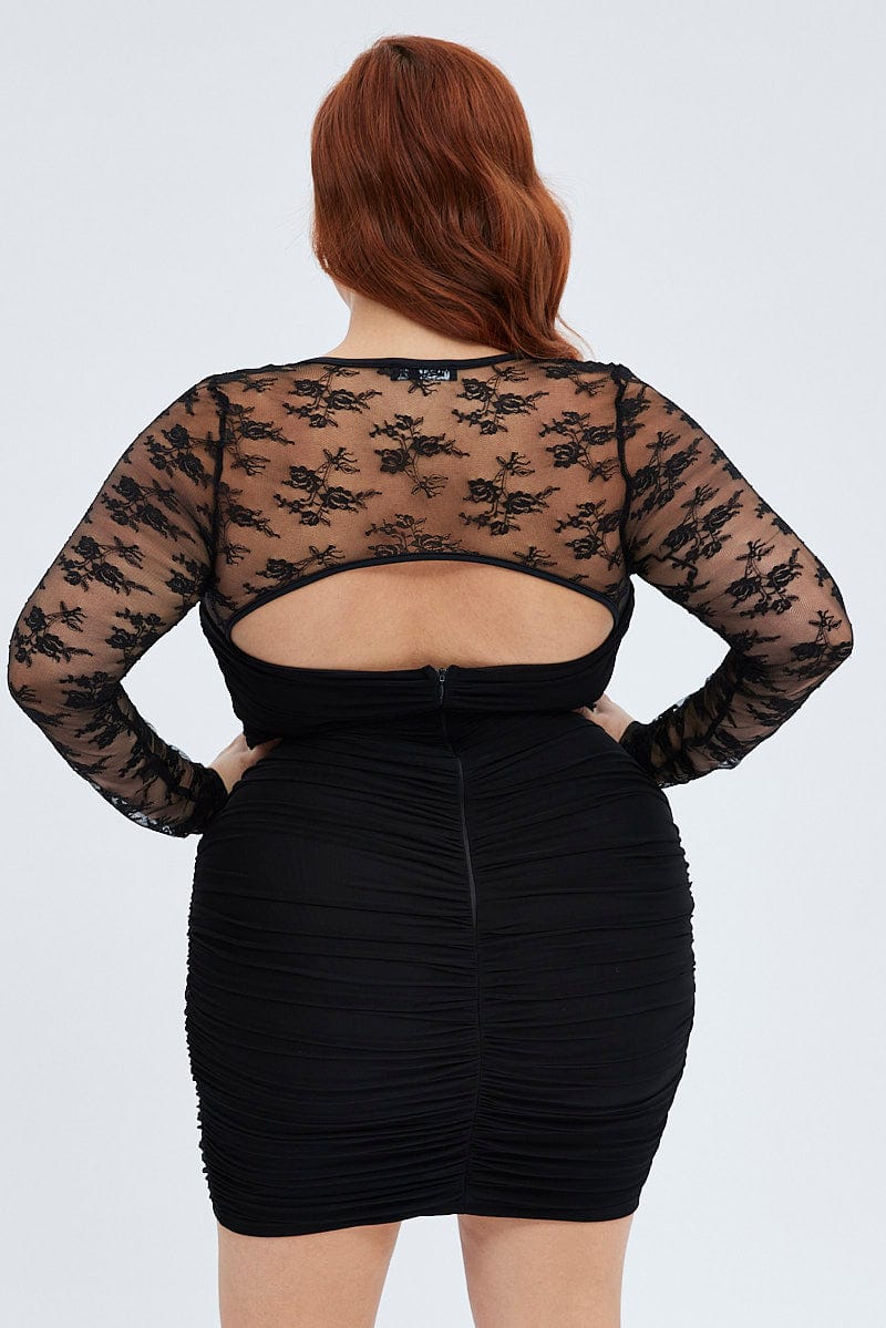 Black Bodycon Dress Long Sleeve Lace Mesh - Image 5