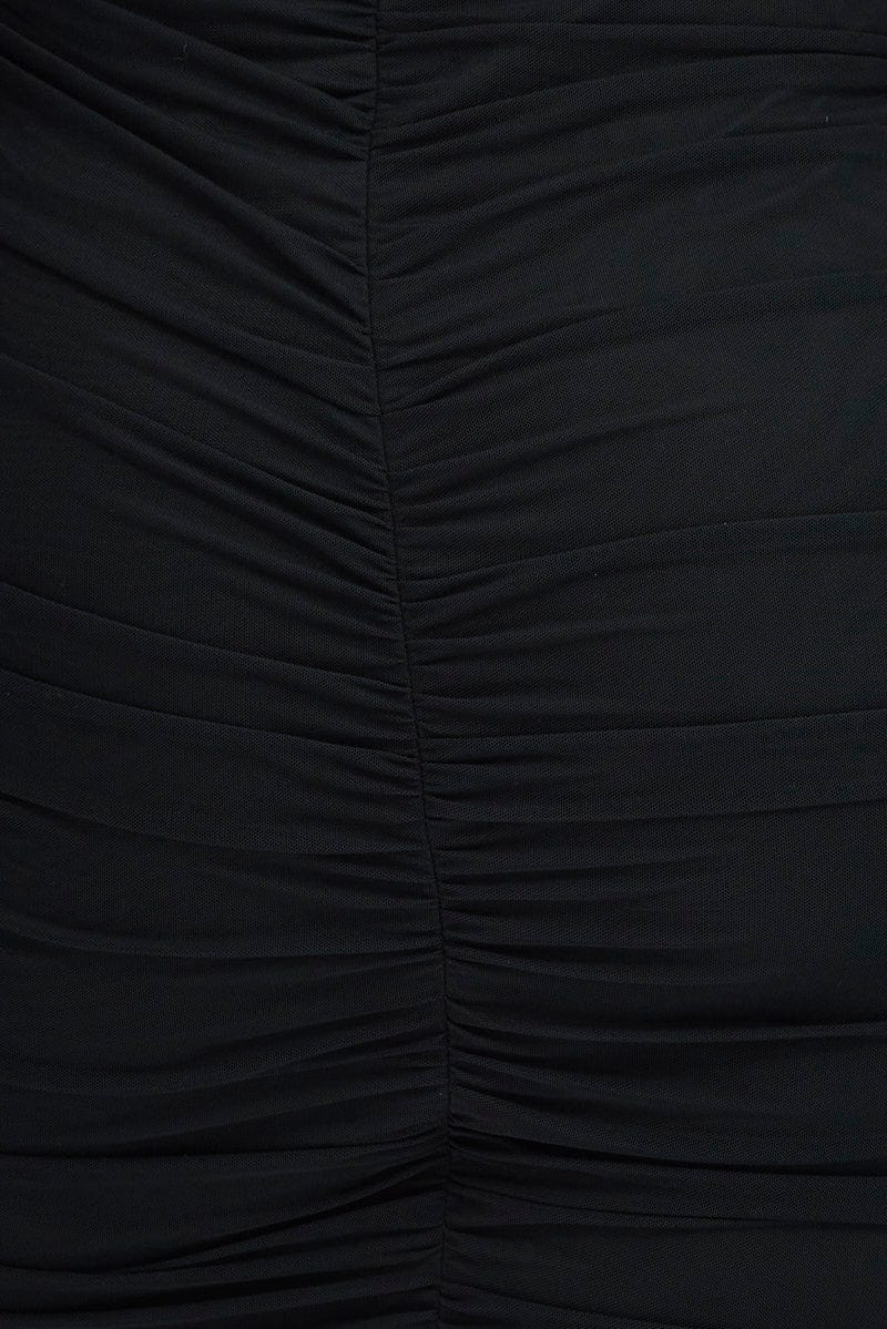 Black Bodycon Dress Long Sleeve Ruched Mesh - Image 6