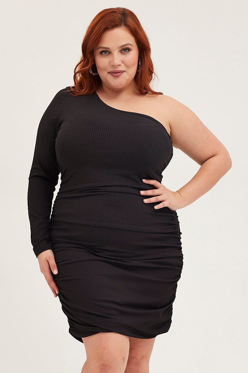 Black Bodycon Dress One Shoulder Long Sleeve Jersey - Image 3