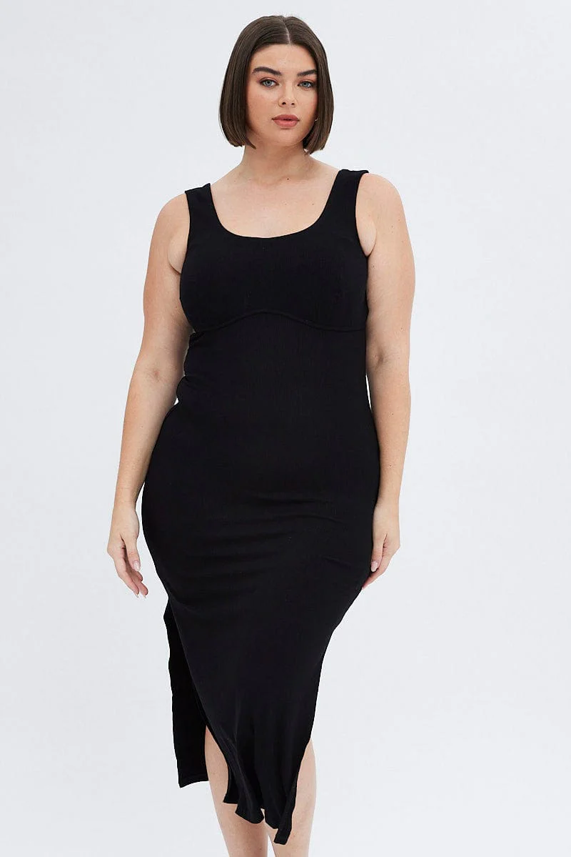 Black Bodycon Dress Rib Jersey Sleeveless Midi - Image 2