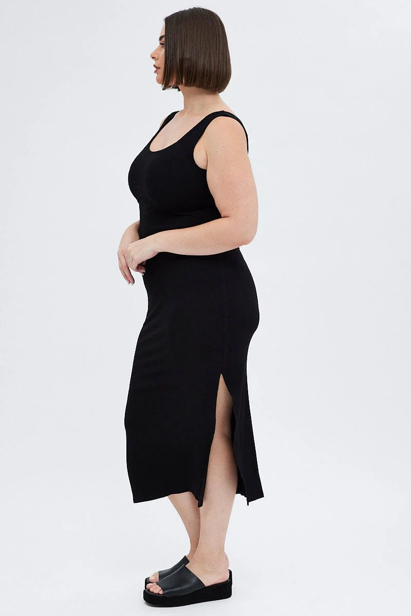 Black Bodycon Dress Rib Jersey Sleeveless Midi - Image 4