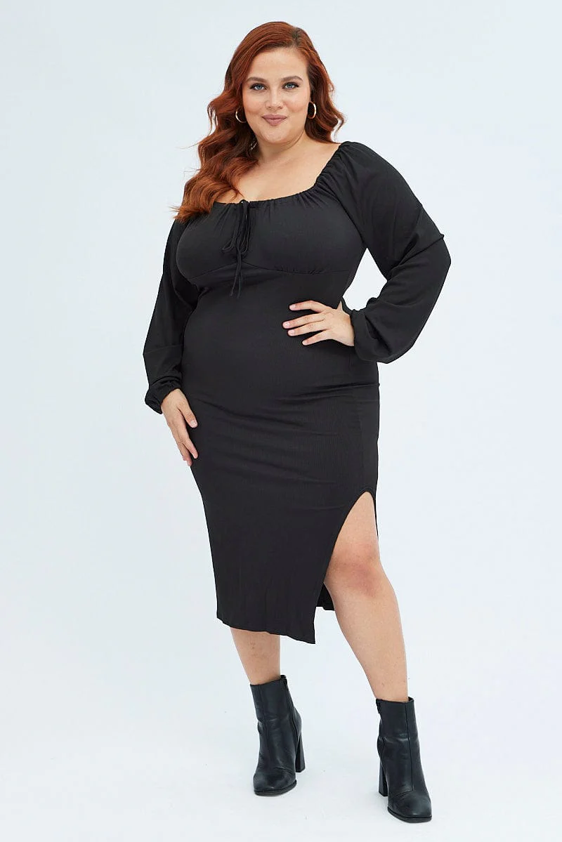 Black Bodycon Dress Rib Jersey Tie Midi Off Shoulder - Image 3
