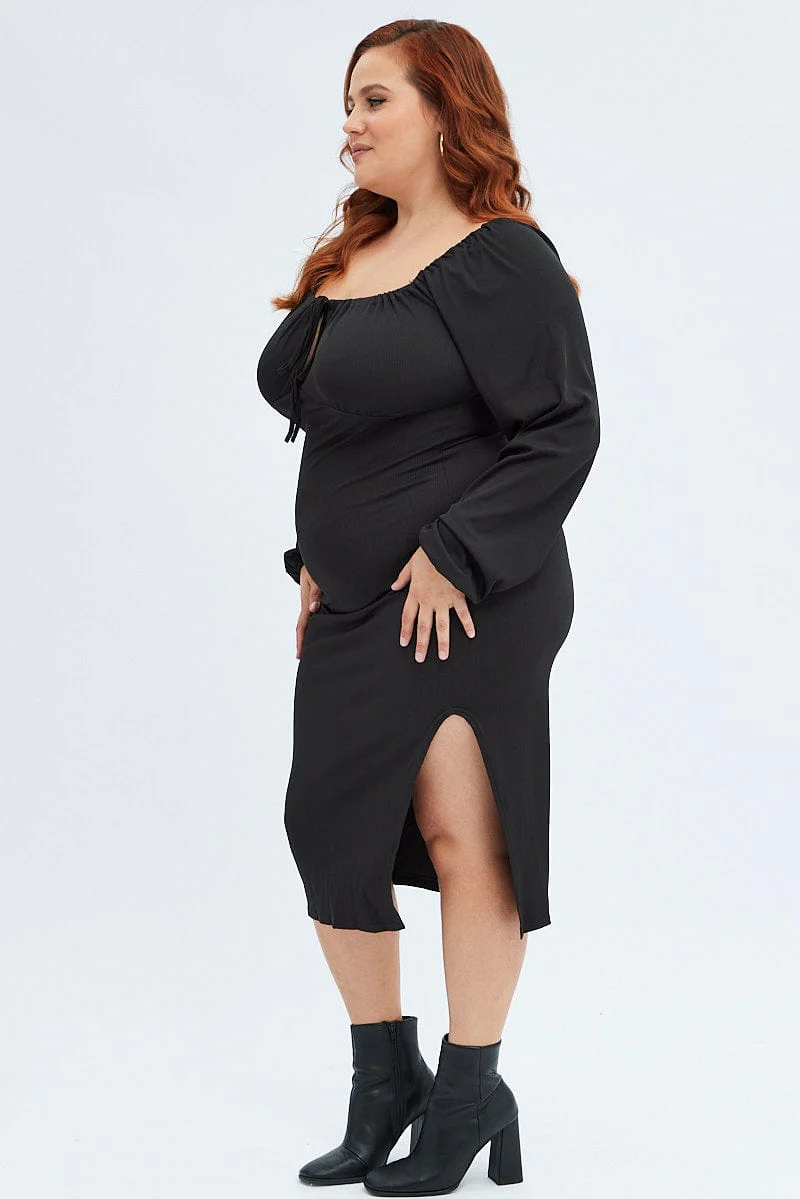 Black Bodycon Dress Rib Jersey Tie Midi Off Shoulder - Image 4