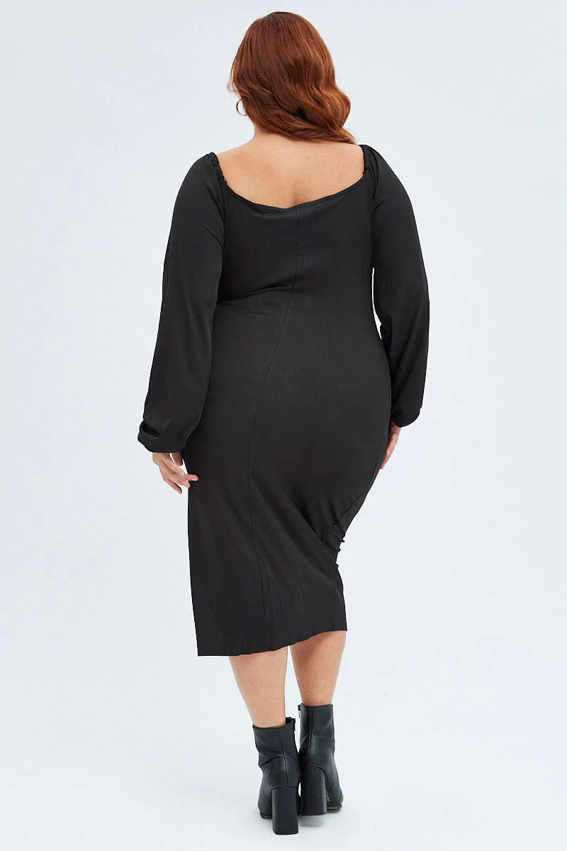 Black Bodycon Dress Rib Jersey Tie Midi Off Shoulder - Image 5