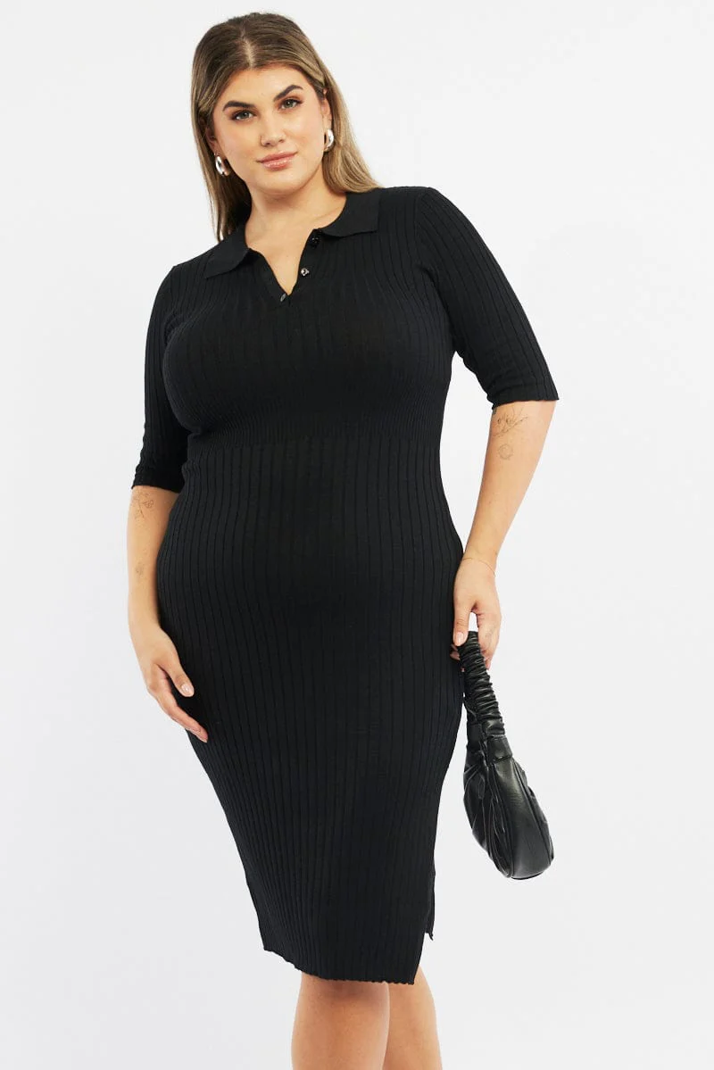 Black Bodycon Dress Rib Knit Collared Midi