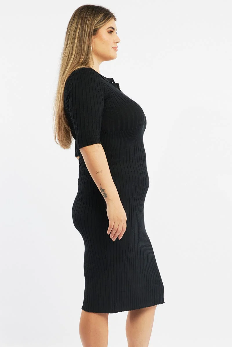 Black Bodycon Dress Rib Knit Collared Midi - Image 3