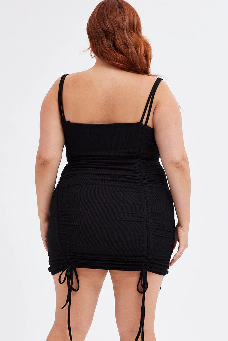 Black Bodycon Dress Sleeveless Ruched Rib - Image 5