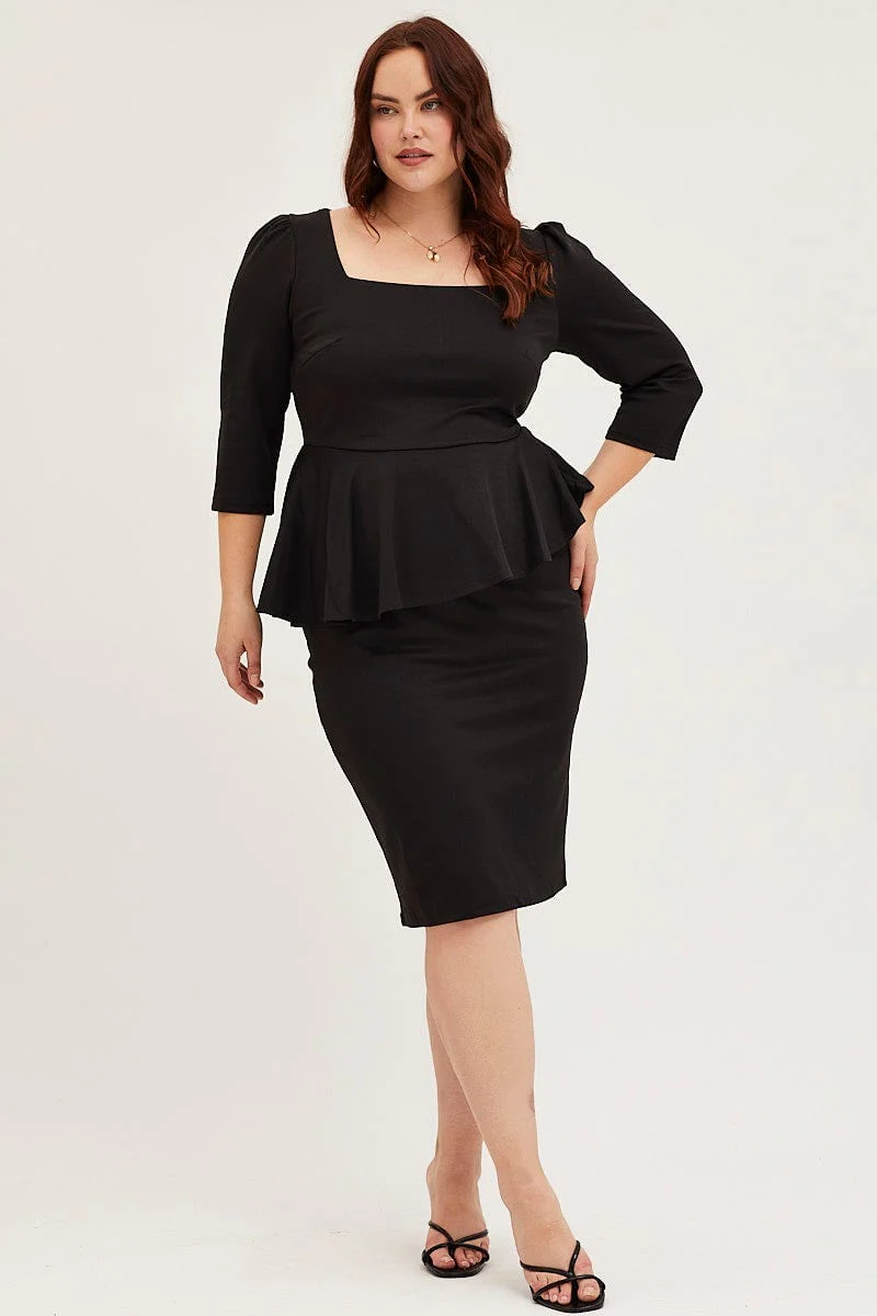 Black Bodycon Dress Square Neck Long Sleeve Jersey - Image 3