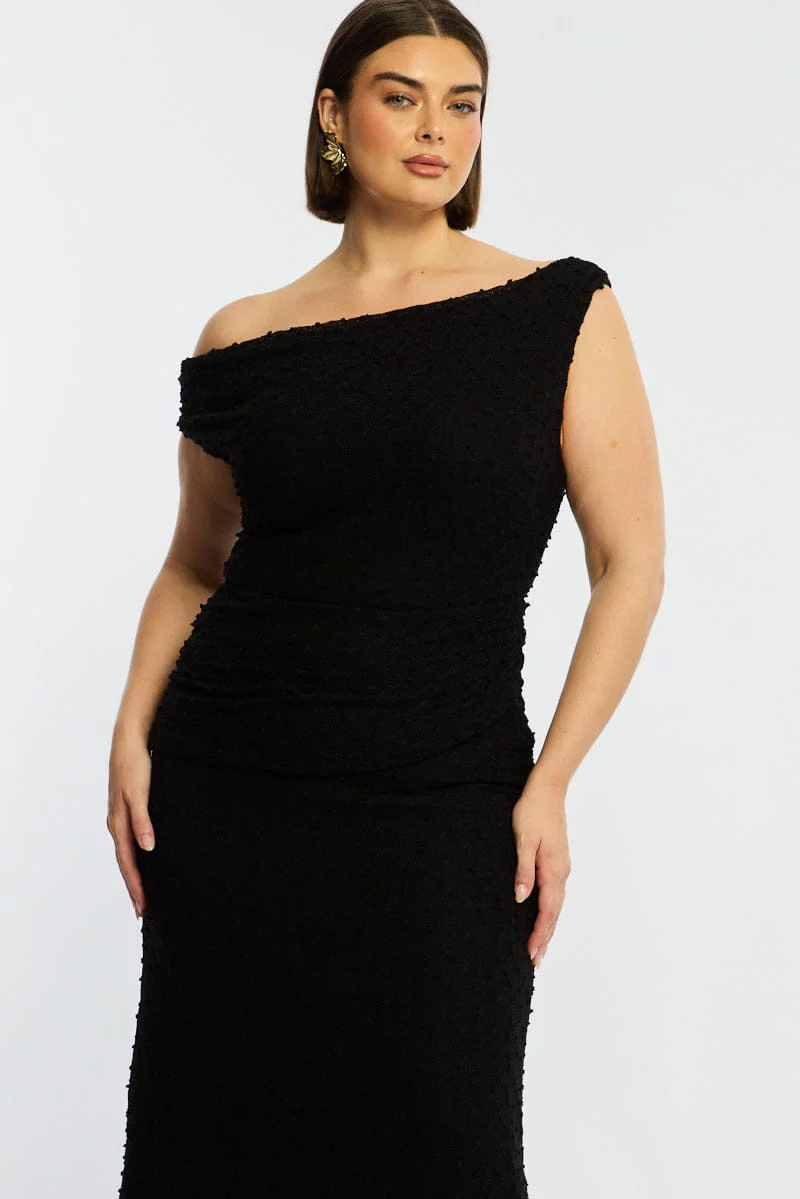 Black Bodycon Dress Textured Off Shoulder - Image 3