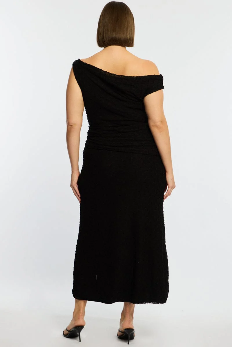 Black Bodycon Dress Textured Off Shoulder - Image 6