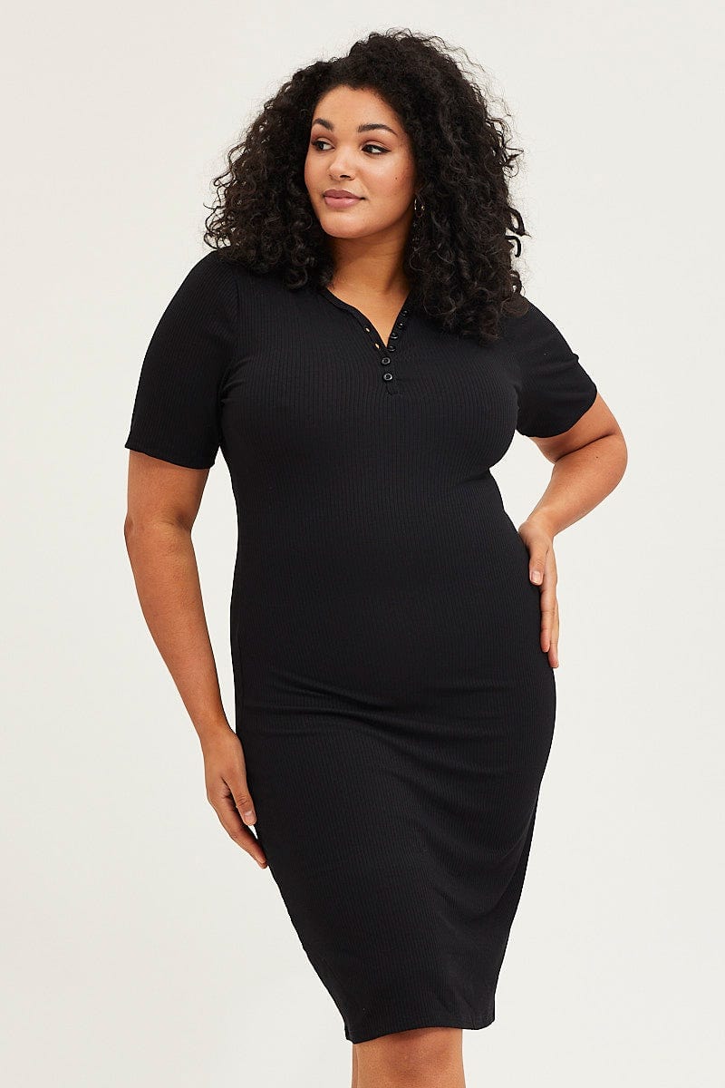 Black Bodycon Dress V-neck Long Sleeve Rib - Image 3
