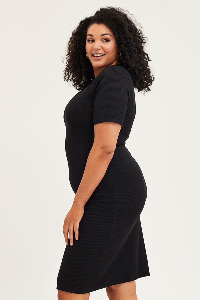 Black Bodycon Dress V-neck Long Sleeve Rib - Image 4