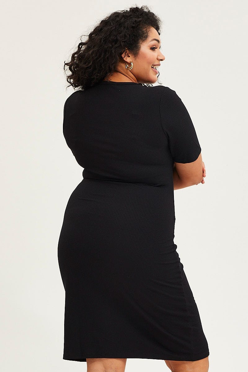 Black Bodycon Dress V-neck Long Sleeve Rib - Image 5