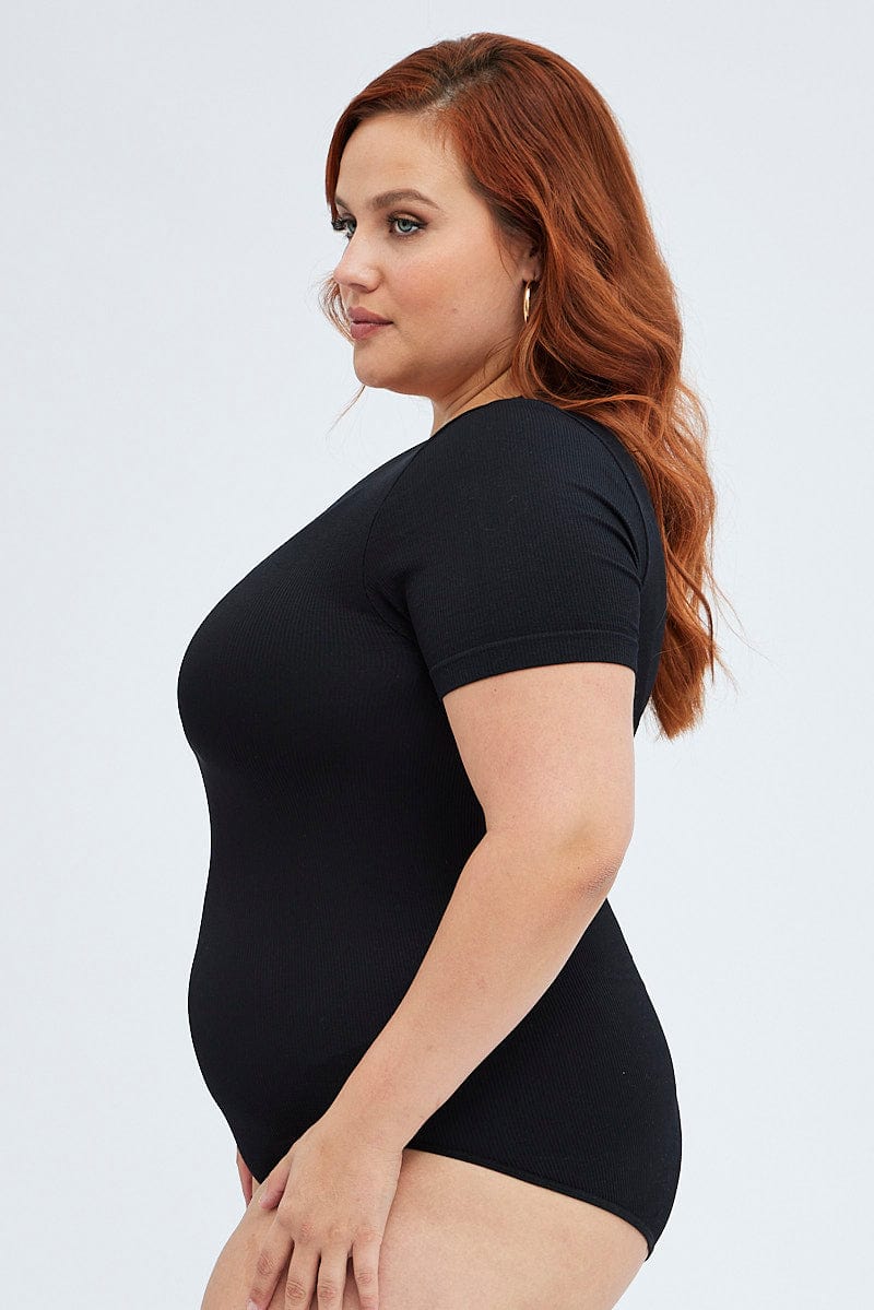 Black Bodysuit Short Sleeve Crew Neck Seamless - Image 2
