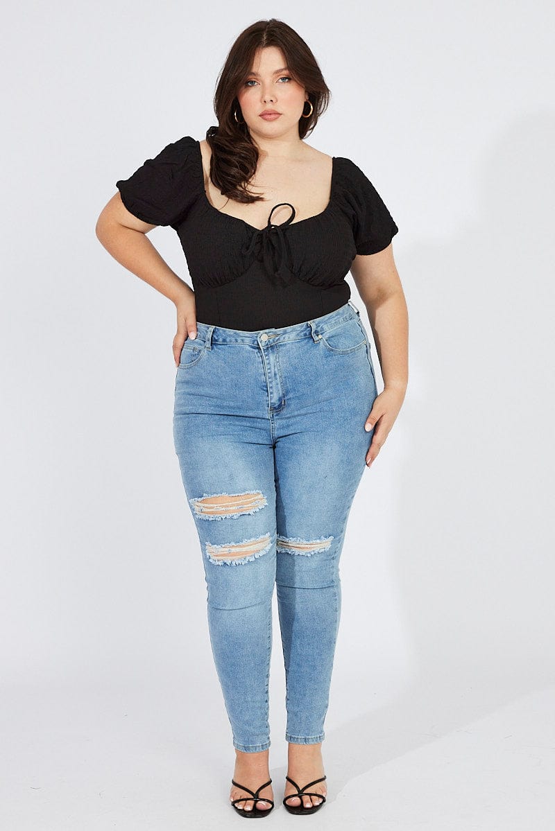 Black Bodysuit Short Sleeve Sweetheart Neckline Textured - Image 2