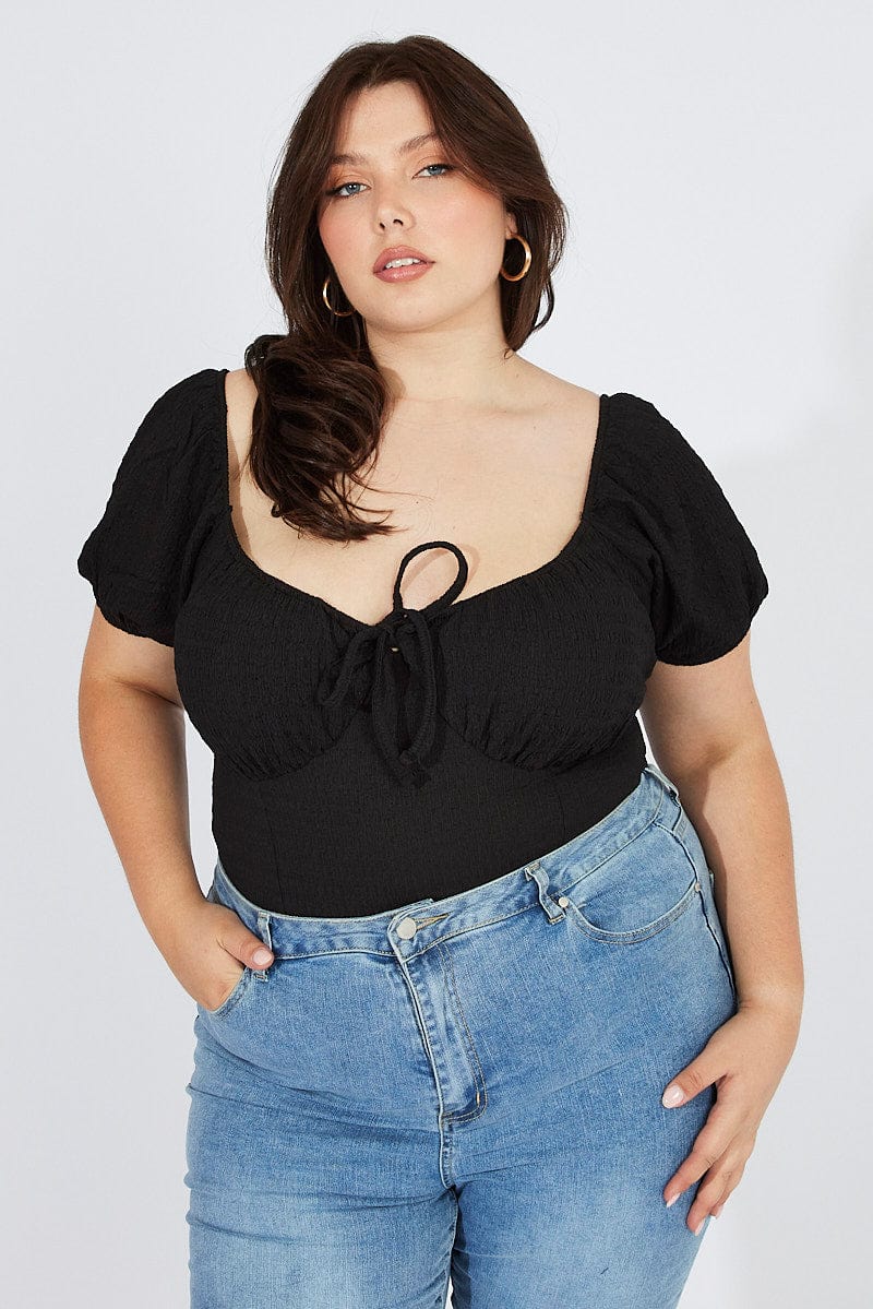 Black Bodysuit Short Sleeve Sweetheart Neckline Textured - Image 3