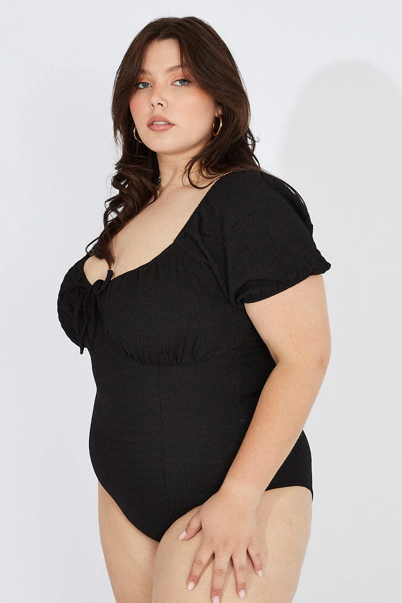 Black Bodysuit Short Sleeve Sweetheart Neckline Textured - Image 4