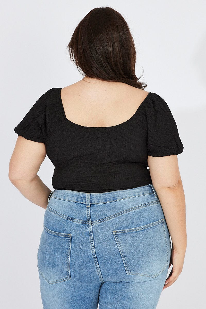 Black Bodysuit Short Sleeve Sweetheart Neckline Textured - Image 5