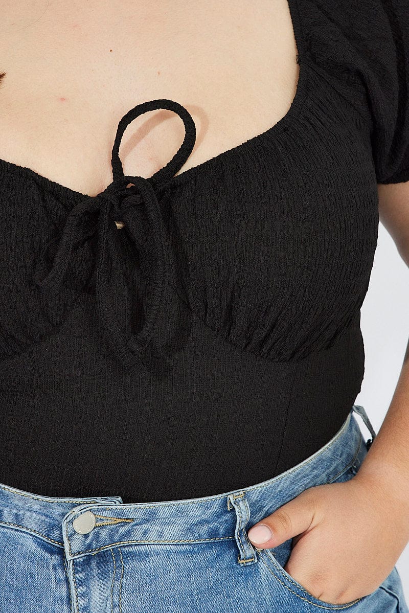 Black Bodysuit Short Sleeve Sweetheart Neckline Textured - Image 6