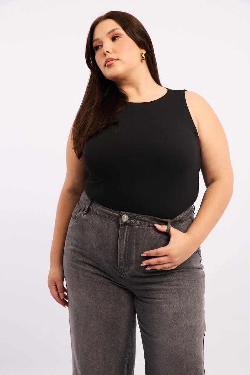 Black Bodysuit Sleeveless Crew Neck