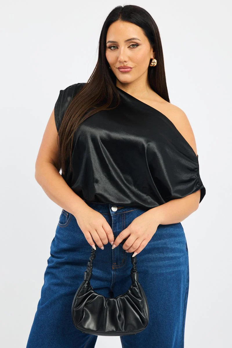 Black Bodysuit Sleeveless Stretch Satin - Image 2