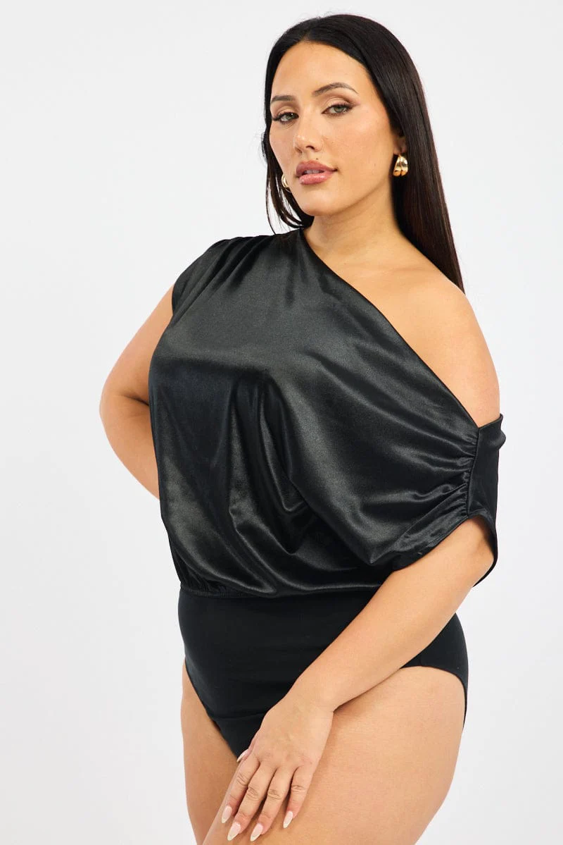 Black Bodysuit Sleeveless Stretch Satin - Image 4