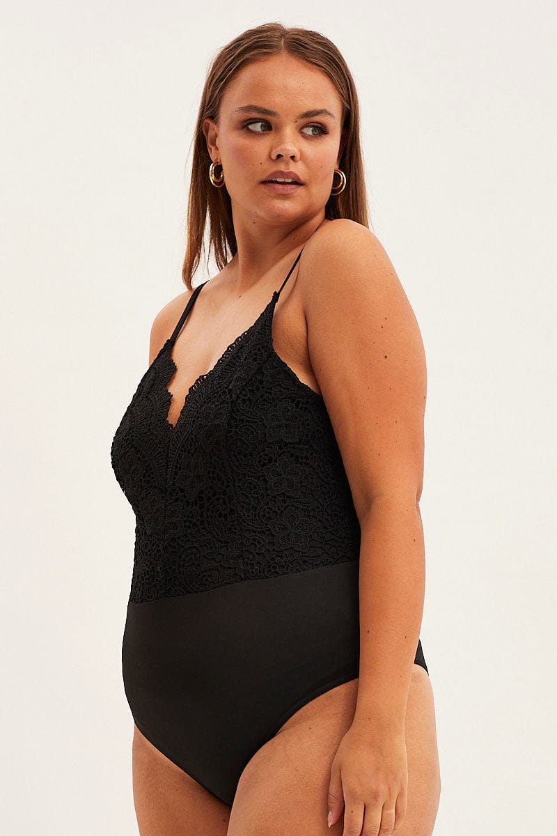 Black Bodysuit V Scalloped Neck Strappy Lace - Image 2
