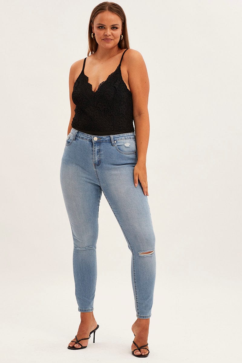 Black Bodysuit V Scalloped Neck Strappy Lace - Image 3