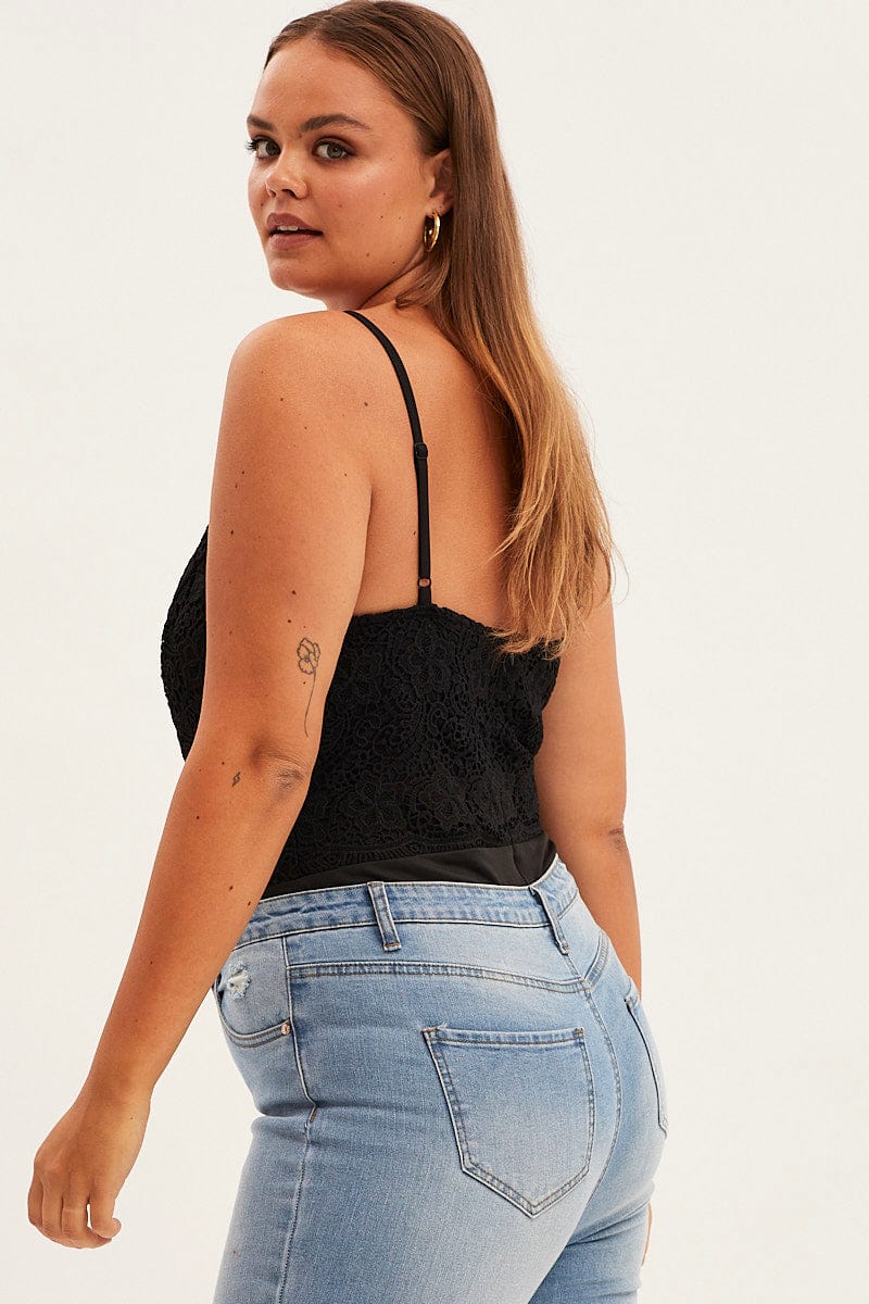 Black Bodysuit V Scalloped Neck Strappy Lace - Image 4