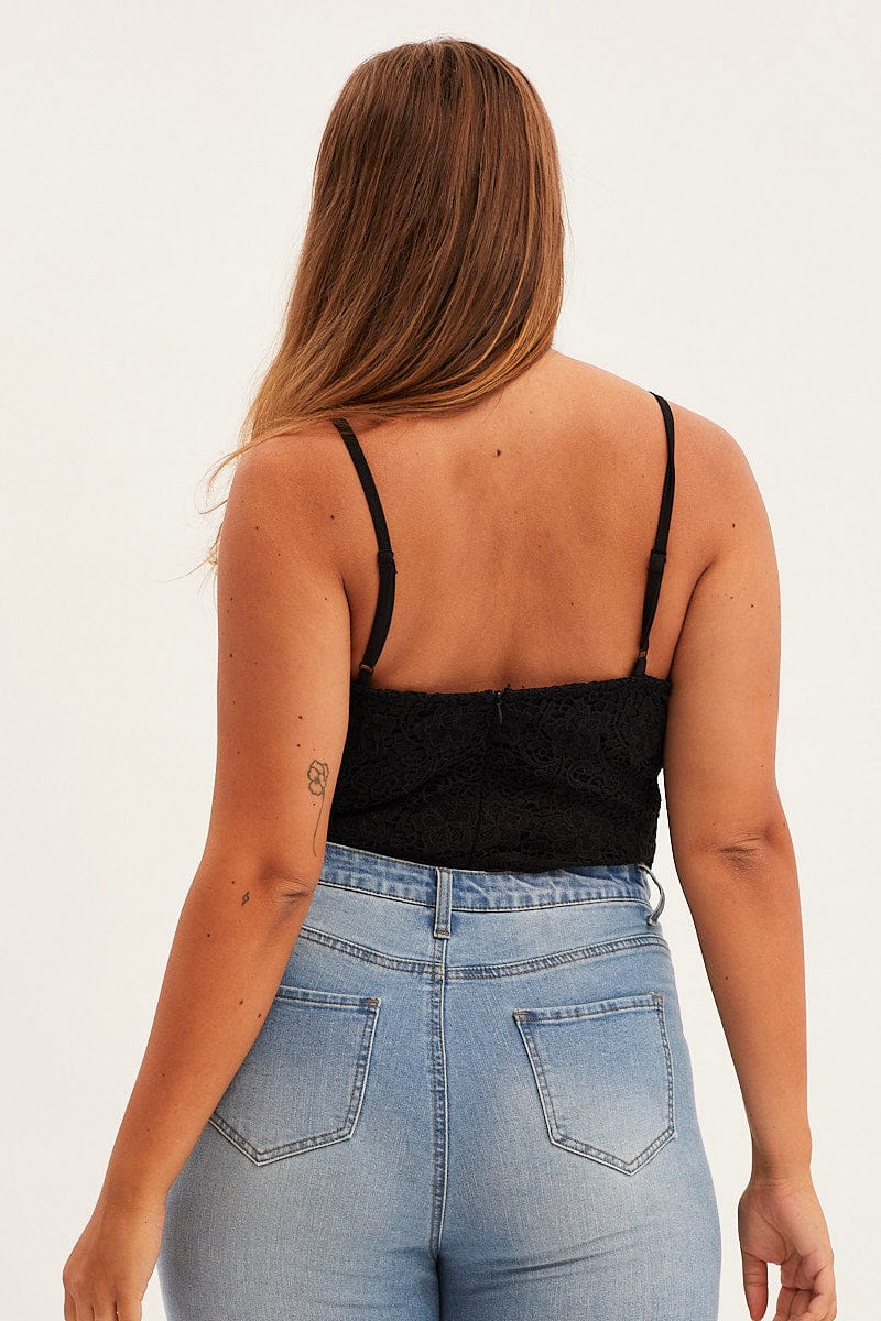 Black Bodysuit V Scalloped Neck Strappy Lace - Image 5