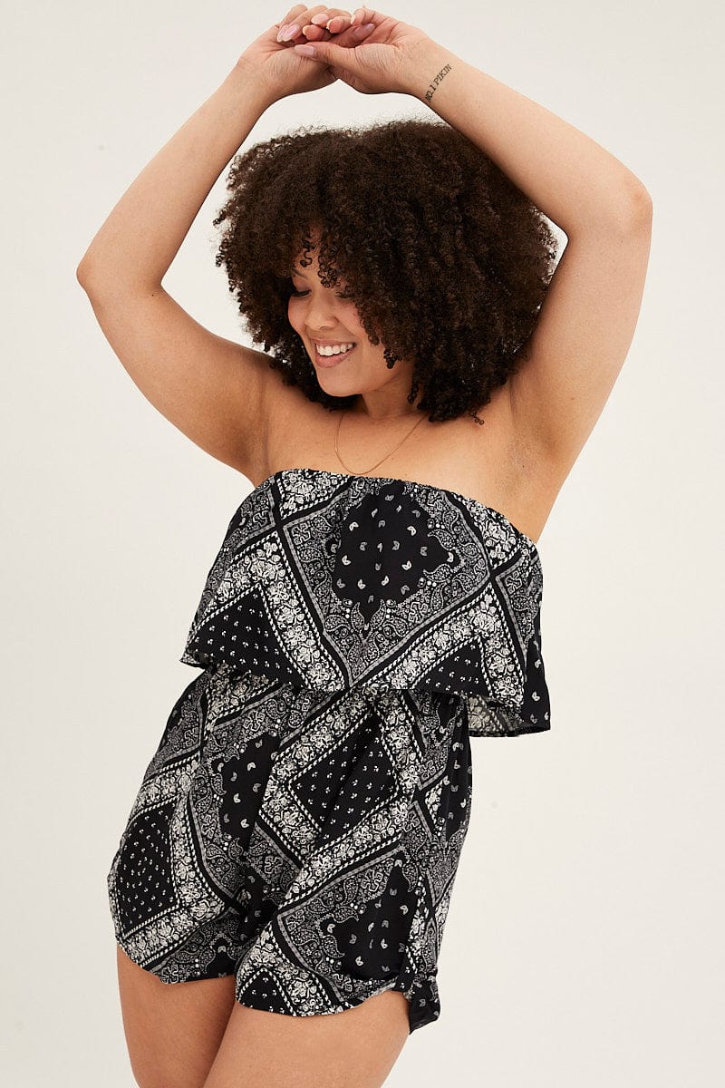 Black Boho Peasant Playsuit Boob Tube