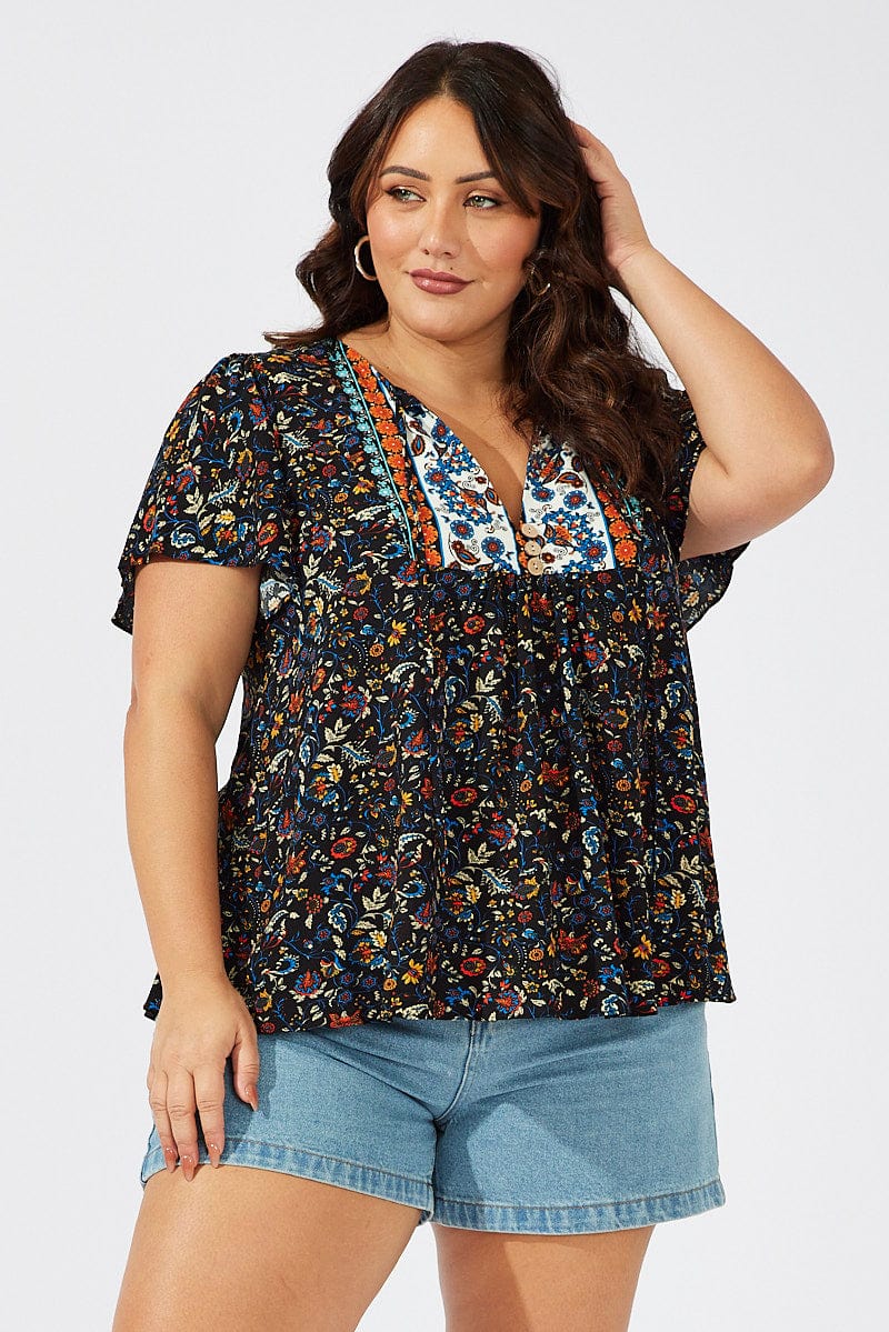 Black Boho Peasant Top Short Sleeve