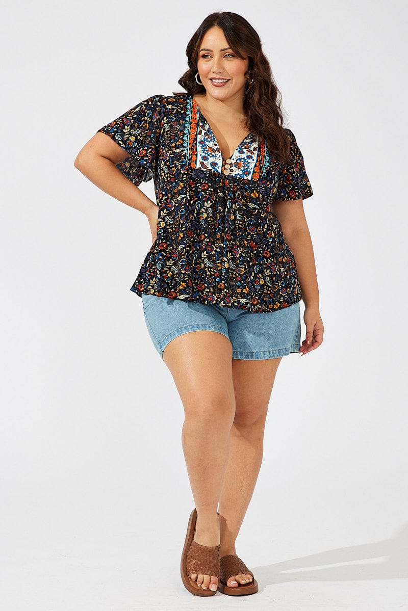 Black Boho Peasant Top Short Sleeve - Image 2