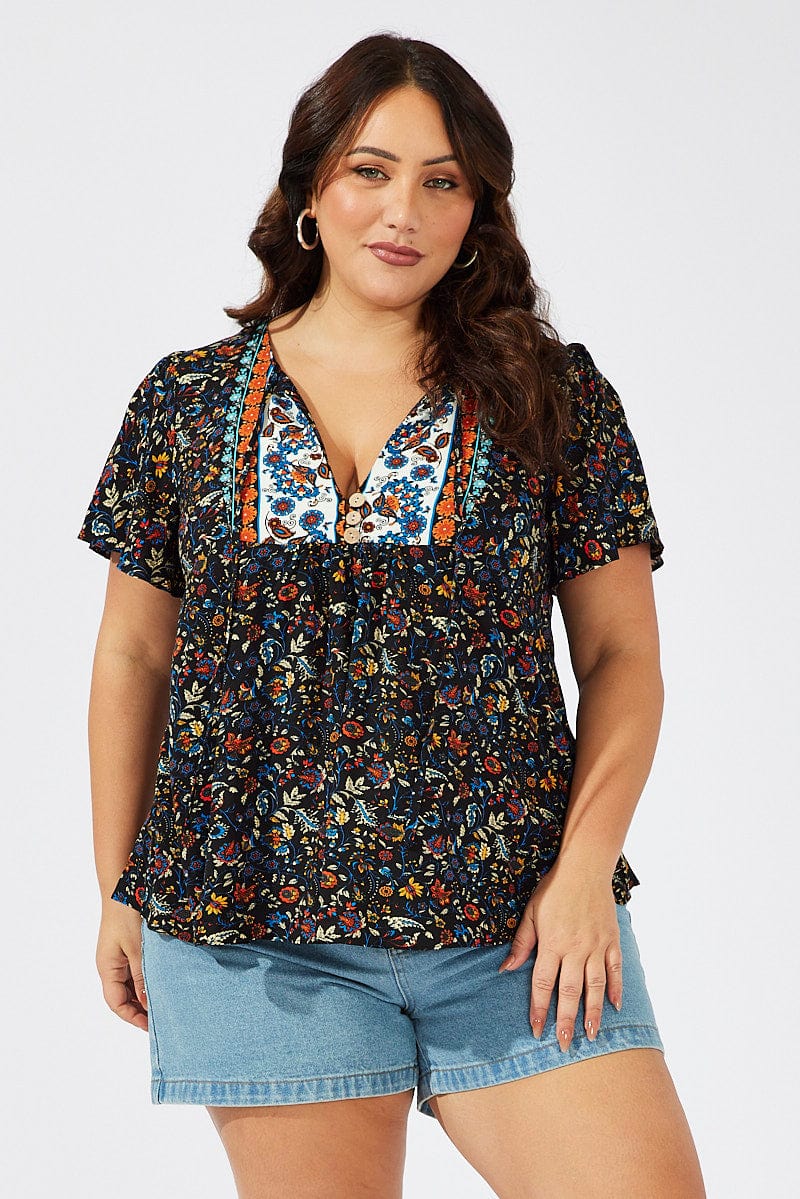 Black Boho Peasant Top Short Sleeve - Image 3