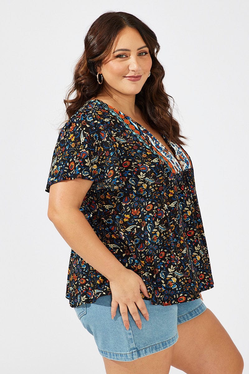 Black Boho Peasant Top Short Sleeve - Image 4