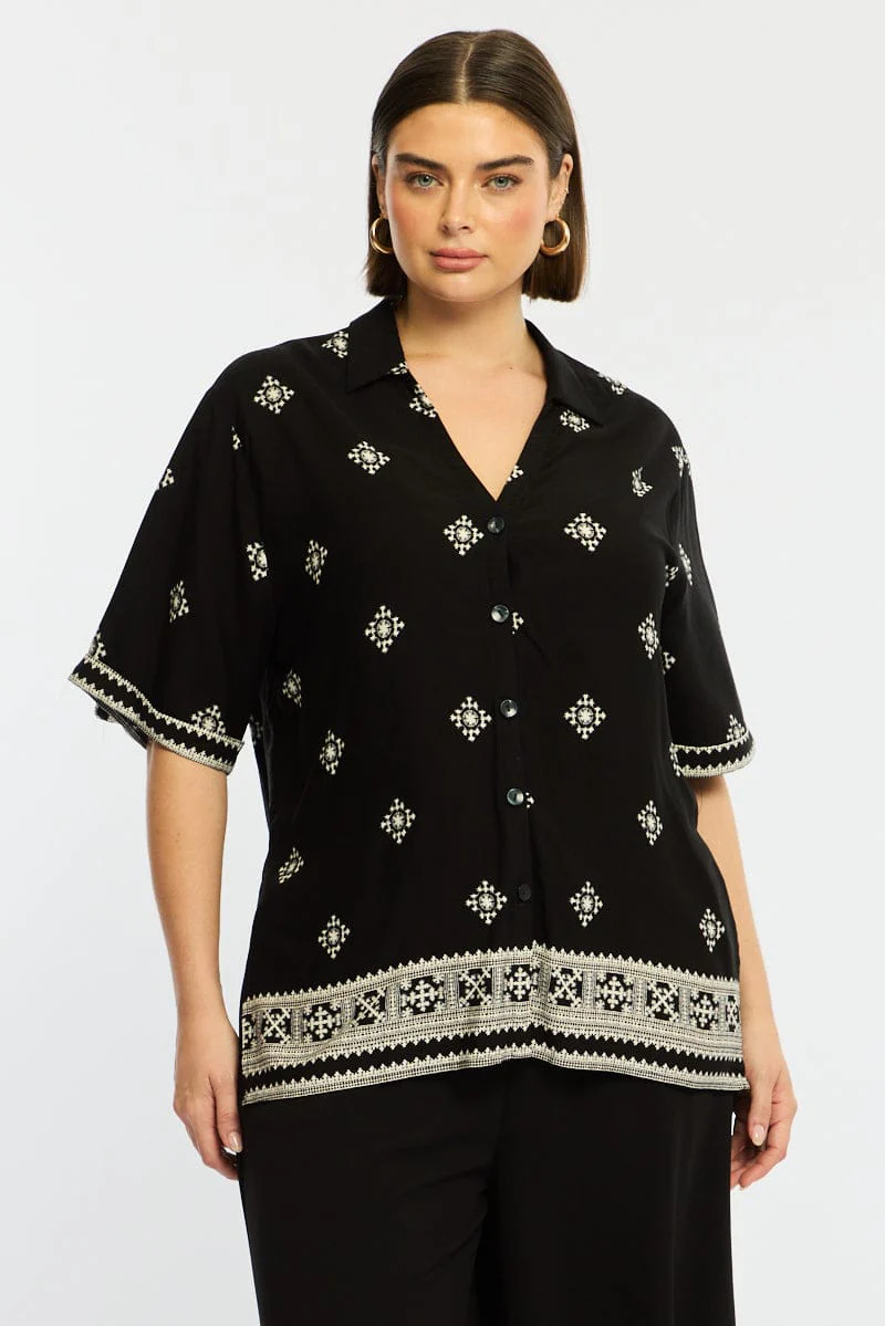 Black Boho Relaxed Shirt Short Sleeve