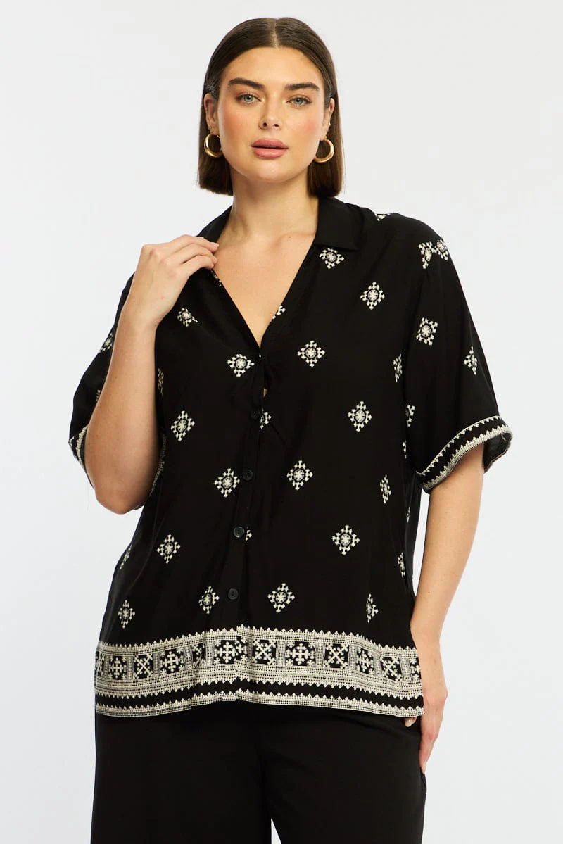 Black Boho Relaxed Shirt Short Sleeve - Image 3