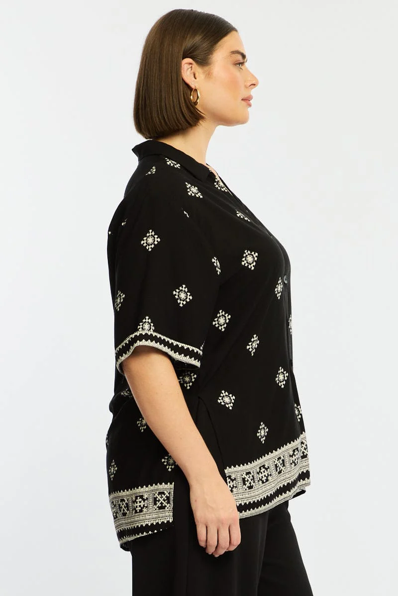 Black Boho Relaxed Shirt Short Sleeve - Image 4