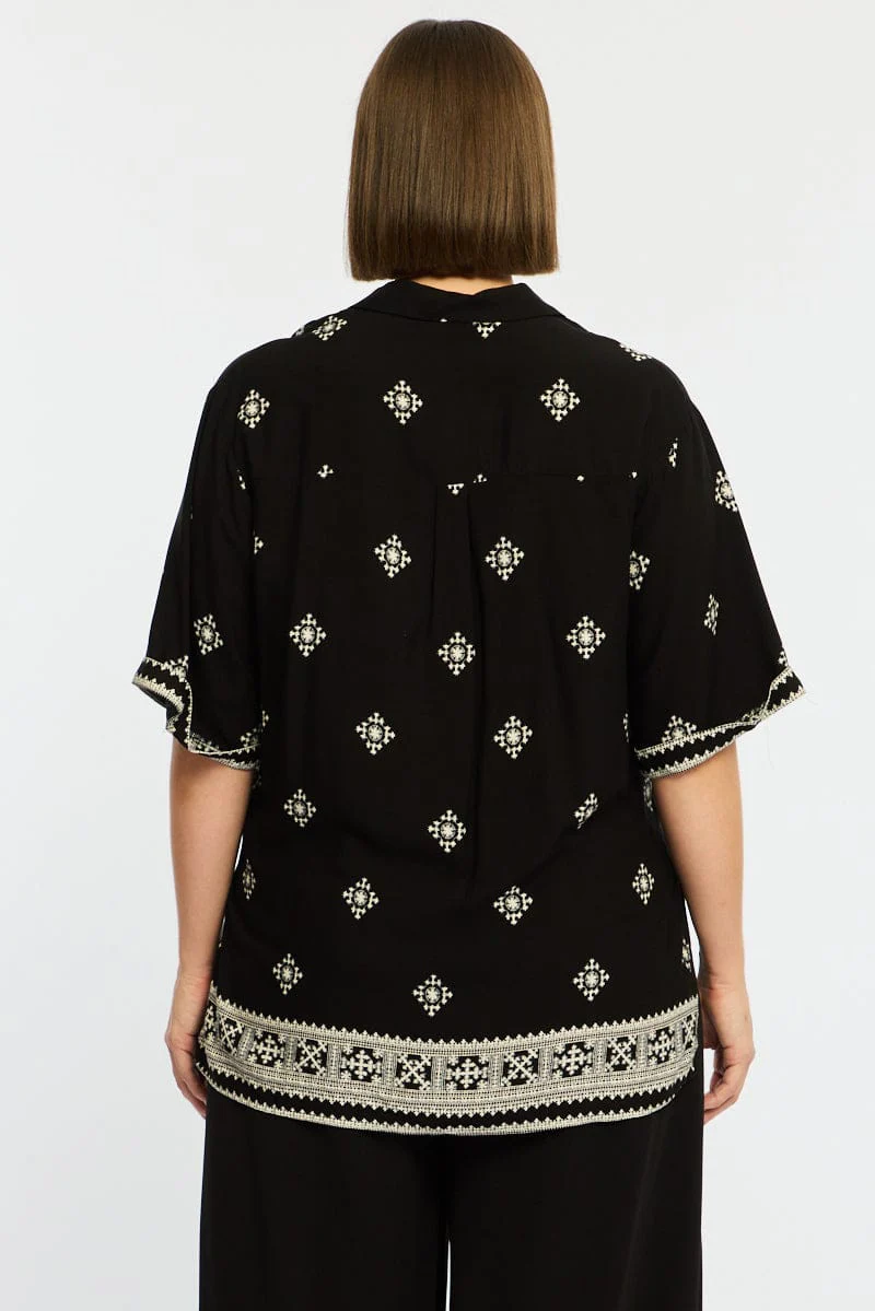 Black Boho Relaxed Shirt Short Sleeve - Image 5