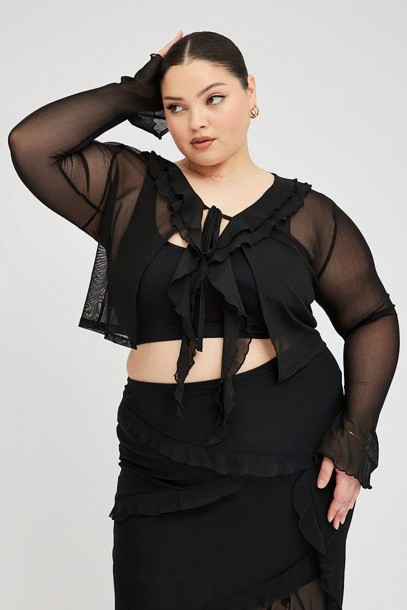 Black Bolero Frill Mesh Tie Front - Image 2