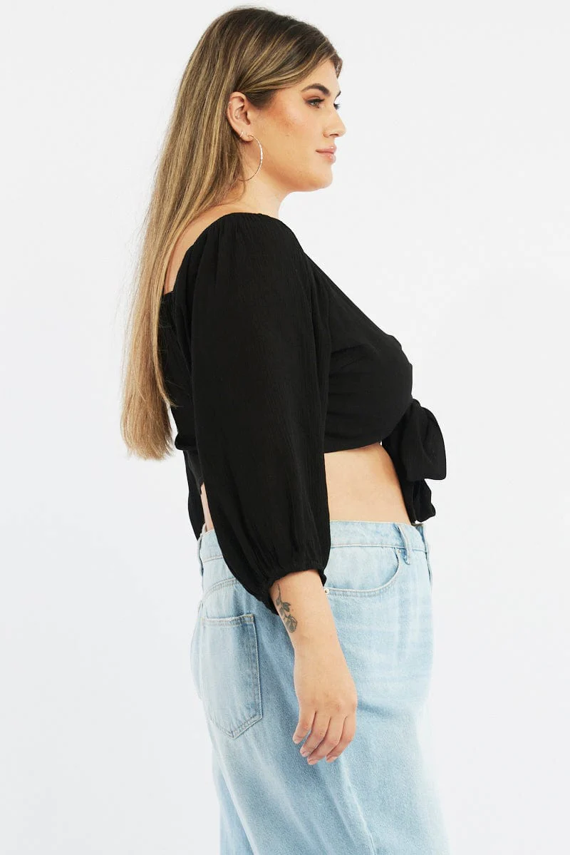 Black Bolero Jacket Tie Front Wrap Puff Sleeve - Image 3